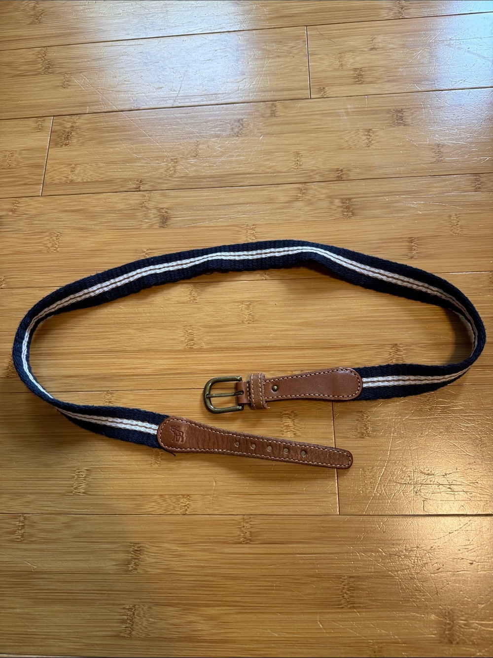 Abercrombie & Fitch Navy and White Striped Canvas Belt with Brown Leather Trim